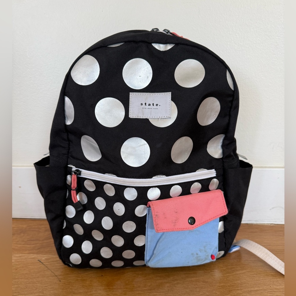 STATE Black Polka Dot Kids Backpack with Pink & Light Blue Pocket